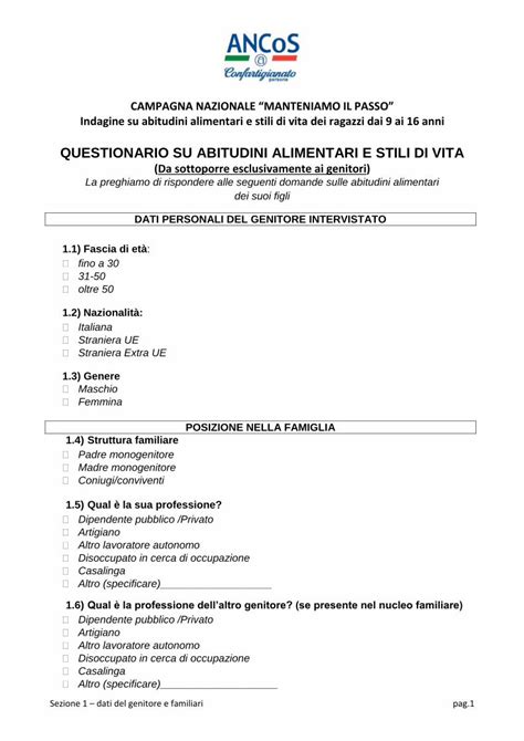 PDF QUESTIONARIO SU ABITUDINI ALIMENTARI E 1 Dati Del Genitore E