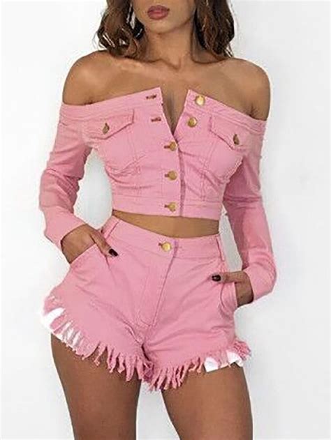 Denim Off Shoulder Crop Top And Tassel Hem Shorts Sets S M L Xl 40 99