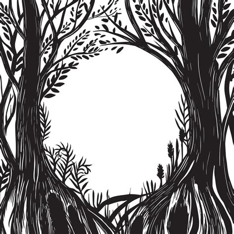 dibujo vectorial marco de bosque mágico en blanco y negro silueta de