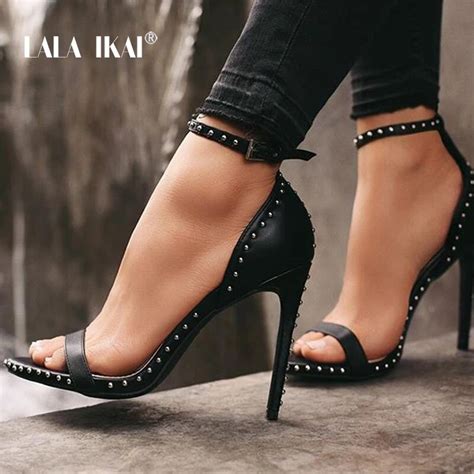 Lala Ikai Women Leather Rivet High Heels Female Shoes Sexy Ankle Summer Shoes Peep Toe Sandal