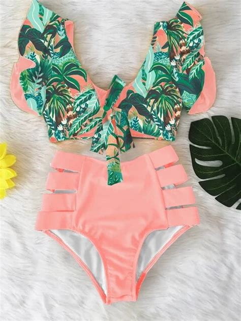 Floral Ruffled Hem Bikini Set Women Flora V Neck High Waisted Two Piece