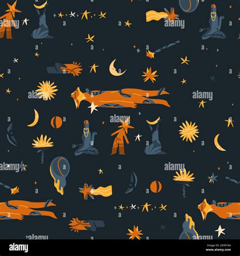 Magical Cosmic Illustration Clipart Seamless Pattern With Moon Star And