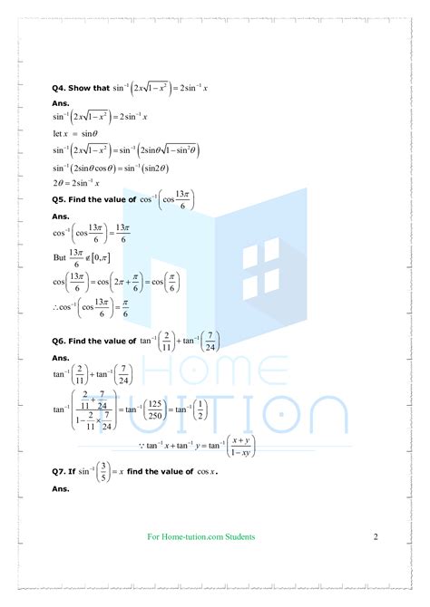 Important Questions For Class 12 Maths Chapter 2 Inverse Trigonometric