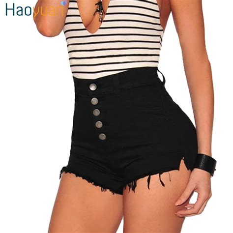 Haoyuan High Waisted Denim Shorts For Women 2017 Cotton Fashion Button Pockets Skinny Black Mini