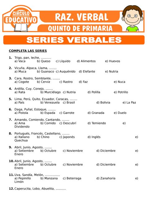 Actividades De Series Verbales Para Quinto De Primaria Completa Las