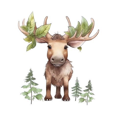 Ilustração fofa de alces em aquarela clipart de animais da floresta