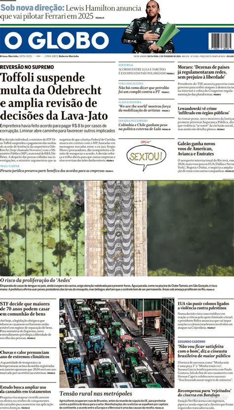 Capa O Globo Edição Sexta 2 de Fevereiro de 2024