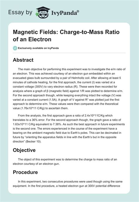 Magnetic Fields Charge To Mass Ratio Of An Electron 1272 Words Report Example