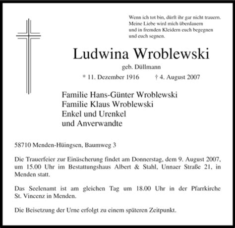 Traueranzeigen Von Ludwina Wroblewski Trauer In Nrw De