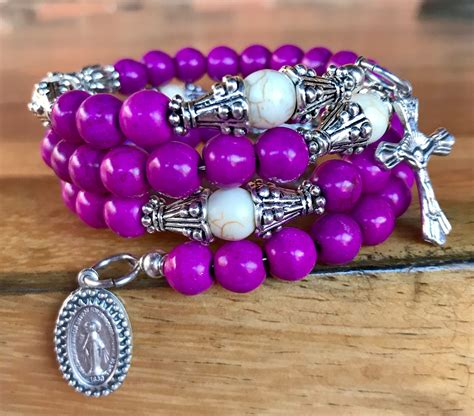 Handmade Decade Rosary Wrap Bracelet In Purple And White Mm Etsy