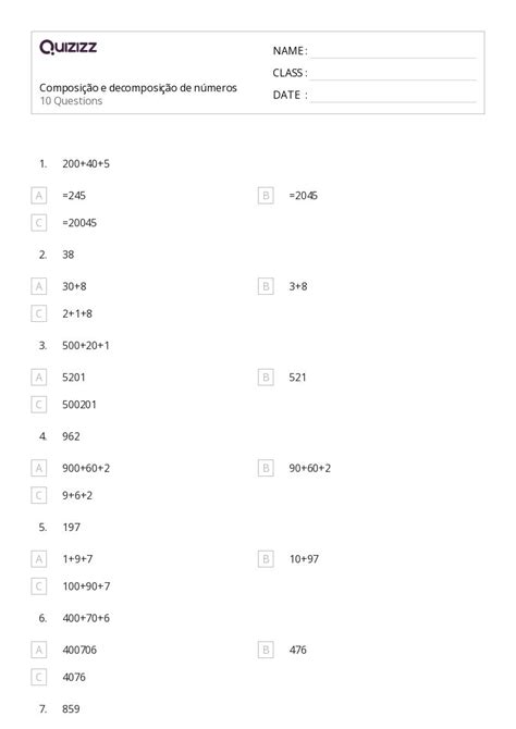 Composição E Decomposição De Números Imprimível 2ª Série Planilhas Quizizz