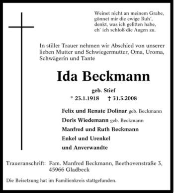 Traueranzeigen Von Ida Beckmann Trauer In Nrw De