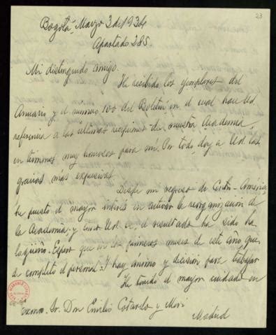 Carta De Antonio G Mez Restrepo A Emilio Cotarelo En La Que Acusa