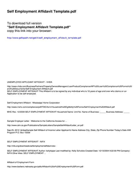 Fillable Online Self Employment Affidavit Template Pdfslibforme