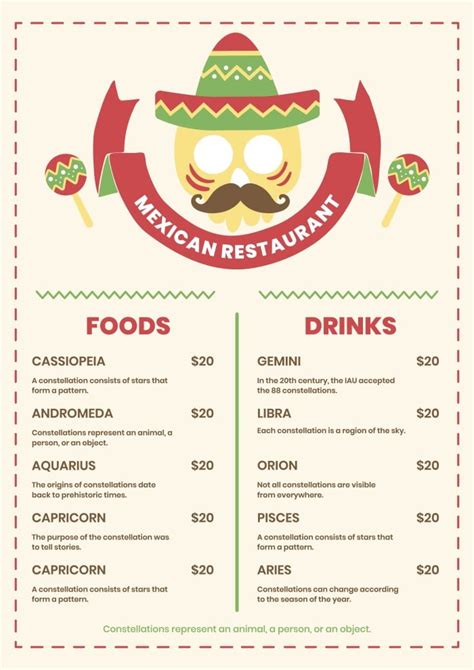 Free Food And Drinks Mexican Restaurant Menu Template