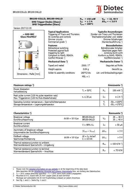 BR100 03LLD Diotec Trigger Diodes Hoja de datos Ficha técnica