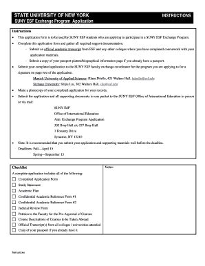 Fillable Online Esf SUNY ESF Exchange Program Application SUNY