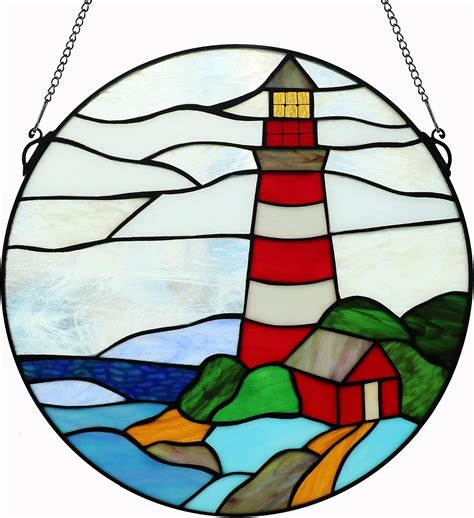 Yolic 16 Inch Round Stained Glass Window Hanging Pagoda And Lighthouse