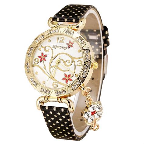 Ladies Vintage Retro Watch Bracelet Flower Rhinestone Pu Leather