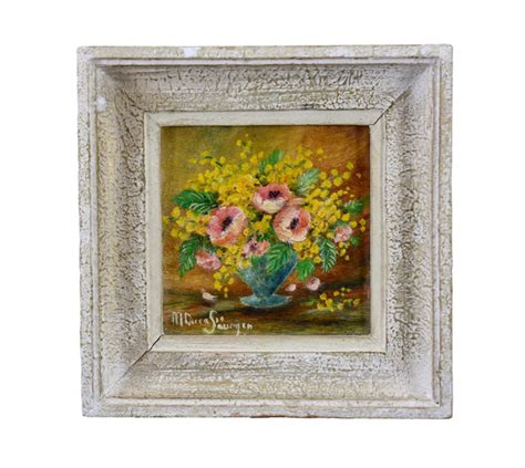 Oil Painting Bunch of Mimosa Flowers Signed Floral Still Life – Charmantiques