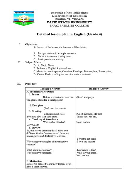 Detailed Lesson Plan Noun Mam Leccio Pdf Lesson Plan Noun