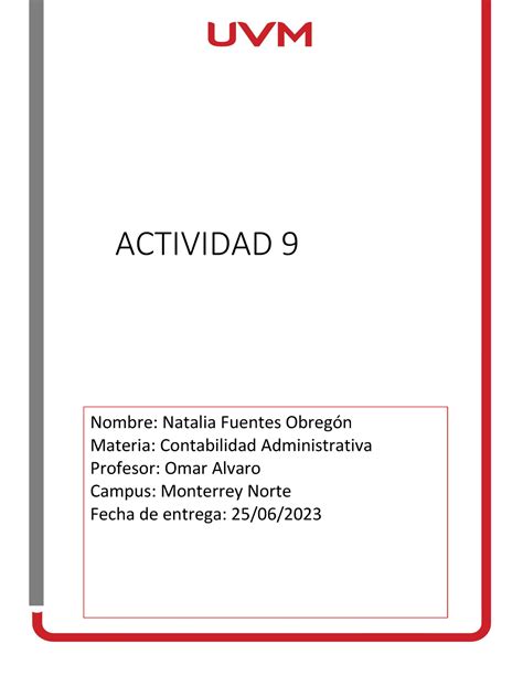 ACT9 NFO Tarea Contabilidad Administrativa UVM Studocu