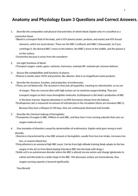 Anatomy and Physiology Exam 3 Questions and Correct Answers. - Anatomy