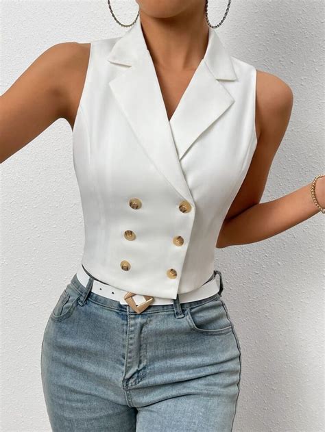 Shein Privé Double Breasted Lapel Collar Vest Blazer Shein Usa Simple Outfits Classy Outfits