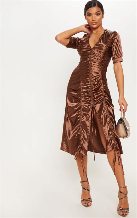 Chocolate Satin Midaxi Dress Dresses Prettylittlething Aus