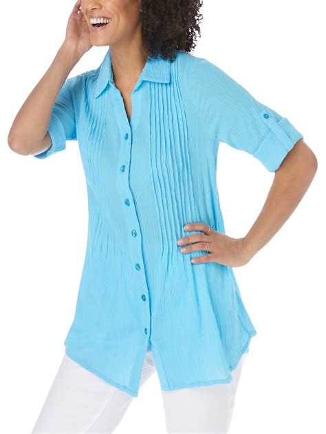 Woman Within Blue Pintucked Button Down Gauze Shirt Plus Size 16