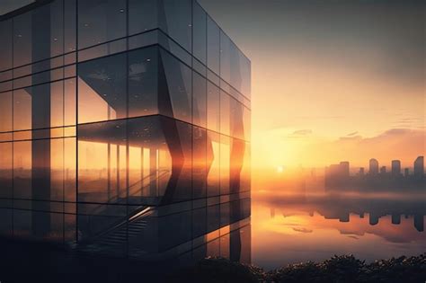 Premium Photo | Glass building with view of the city skyline and a misty sunrise in the background