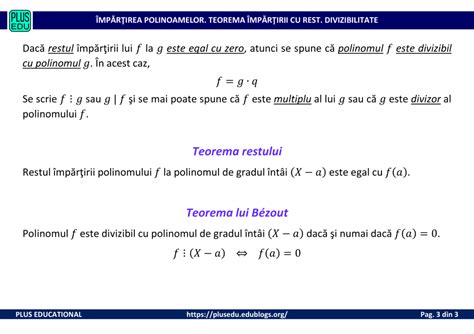 Împărţirea Polinoamelor Teorema împărţirii Cu Rest Divizibilitate