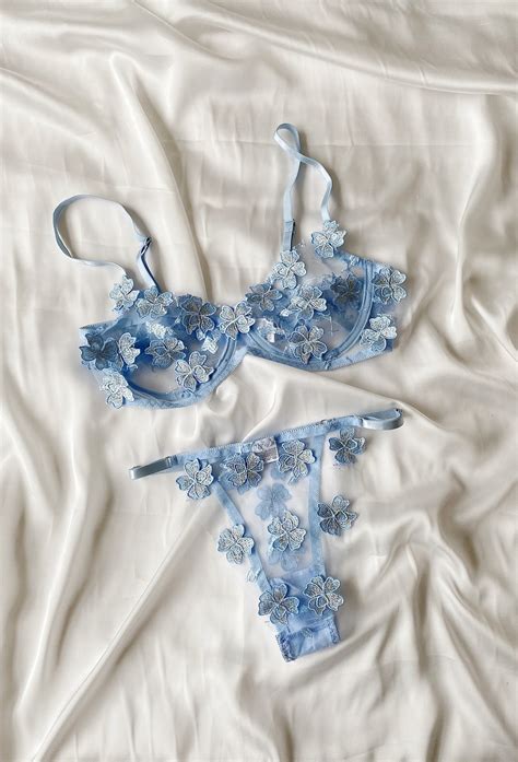 Blue Floral Lingerie Bride Lingerie Nude Sheer See Through Etsy