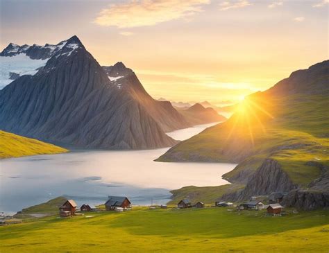 Premium AI Image | greenland_mountain_range_greenery_wooden_cottages