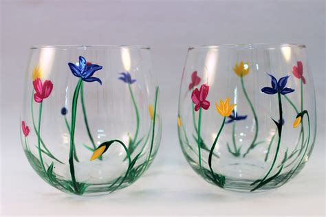 Wild Flowers Hand Painted Stemless Wine Glasses Painted Wild Etsy