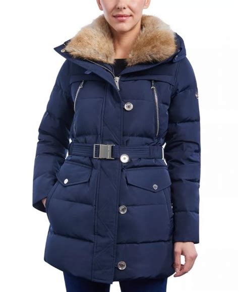 Womens Faux Fur Collar Hooded Blue Puffer Coat Tpj