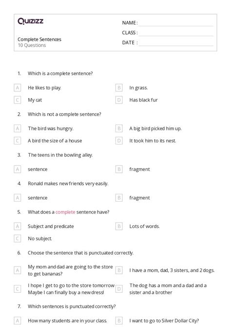 Complete Sentences Worksheets For Th Grade On Quizizz Free