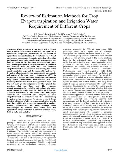 Review Of Estimation Methods For Crop Evapotranspiration And Irrigation