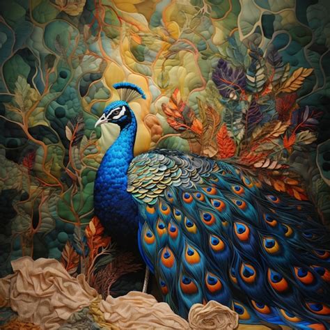 Premium Photo Painting Of A Peacock With A Colorful Tail And Feathers