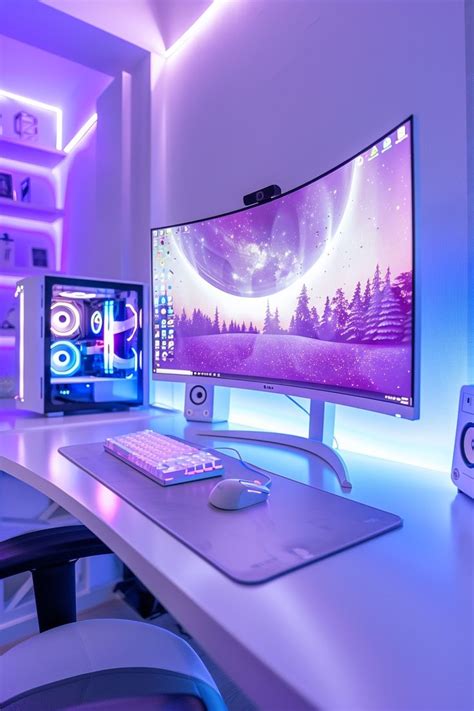 Modern White Desk Setup With Gaming Pc And Curved Monitor In Purple Led Lit Room In 2024 Game