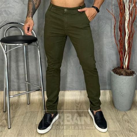 Cal A De Sarja Premium Verde Militar Masculina Slim Fit Lycra Calca