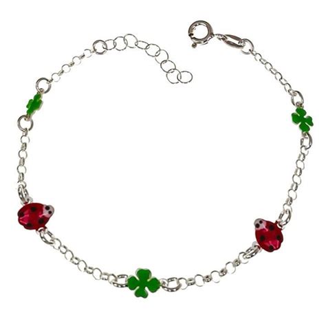 Pulsera Infantil De Plata De Ley Con Mariquitas Y Tr Boles Joyeria