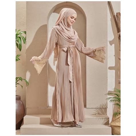 Amina Pleated Abaya Lace Hijabistahub Free Shawl Shopee Malaysia