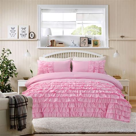 Holawakaka Pink Waterfall Ruffle Comforter Set Queen Size Multi Layers Ruffled