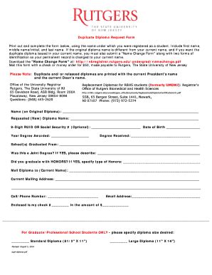 Fillable Online Nbregistrar Rutgers Duplicate Diploma Request Form