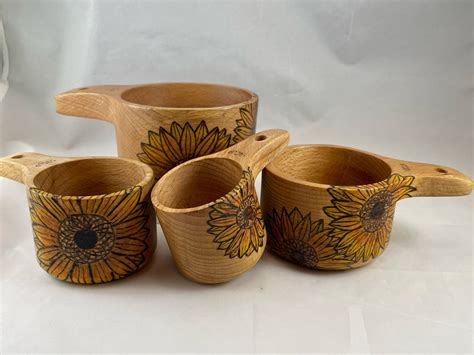 Sunflowers Wood Burned Measuring Cup Set Pyrography Wood Etsy