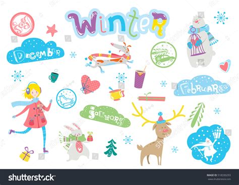 Cute Winter Cartoon Characters Elements Set Stock Vector (Royalty Free ...