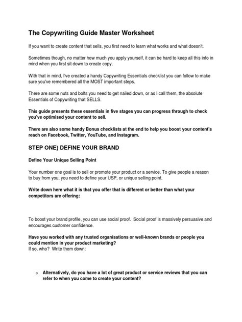 The Copywriting Guide Master Worksheet Step One Define Your Brand Pdf Hashtag Search