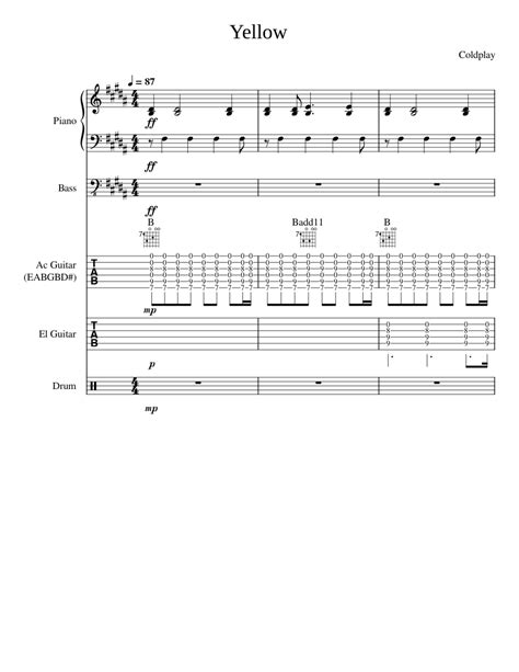 Yellow Coldplay Sheet Music For Piano Guitar Bass Guitar Drum Group Mixed Ensemble