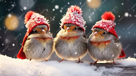 Premium Photo Funny Christmas Birds Wearing Adorable Little Red Hats